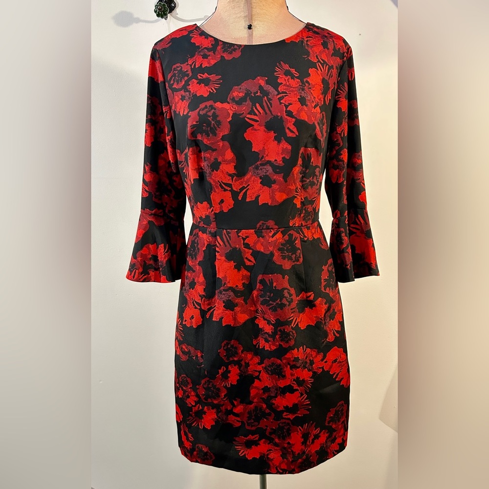 Cynthia Steffe Floral Ruffle Sleeve Sheath Dress Red Black Size 2 - Picture 5 of 14